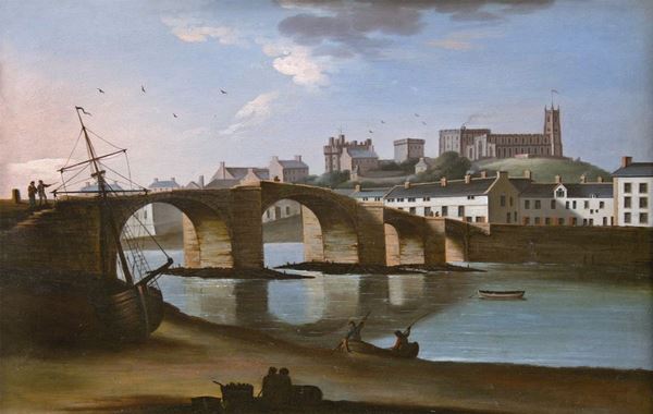 Painting of a stone bridge with 4 arches spanning a tidal stretch of river, with the water low enough to expose the piers at the foot of the bridge. There's blue sky above with a few clouds and a pink tinge to the east suggesting it's early in the morning. The water below the bridge is calm, reflecting the sky and the arches of the bridge. White buildings line the far bank of the river above a stone quayside. A castle and church sit on top of a hill beyond. On the nearer shore in the foreground a single masted wooden vessel is pulled up on the strand. Two men are in small wooden rowing boat at the edge of the water, while another empty rowing boat is moored in the middle of the river. A few other people are standing or strolling at various points on the bridge.